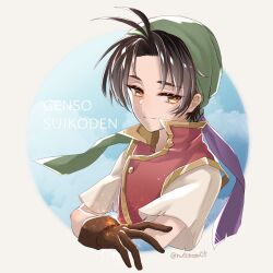 Rule 34 | 1boy, bandana, brown gloves, brown hair, closed mouth, commentary request, copyright name, gensou suikoden, gloves, green bandana, highres, kirika (nutsmoon), looking at viewer, male focus, medium bangs, parted bangs, red vest, shirt, short hair, short sleeves, smile, solo, tir mcdohl, twitter username, upper body, vest, white shirt, yellow eyes