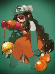 Rule 34 | 1girl, blush, boots, braid, cyclops, dated, elbow gloves, full body, gloves, green footwear, green gloves, hat, highres, holding, jumpsuit, long hair, looking at viewer, muku-chan (muroku), muroku (aimichiyo0526), nintendo, one-eyed, open mouth, original, paint gun, parted lips, pointy ears, red eyes, signature, sitting, solo, splatoon (series), twin braids, very long hair, x x