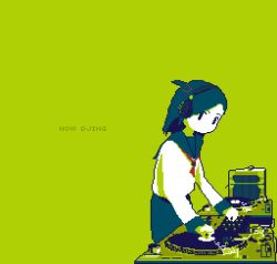 Rule 34 | 1girl, animated, animated gif, dj, english text, female focus, green background, headphones, limited palette, motocross saito, one side up, original, phonograph, pixel art, record, school uniform, simple background, skirt, solo, turntable