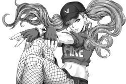 Rule 34 | 1girl, alternate costume, artist name, bare legs, baseball cap, blonde hair, blue eyes, bracelet, breasts, crop top, earrings, english text, eyelashes, fingerless gloves, fishnet legwear, fishnets, gloves, greyscale, hat, hoop earrings, invisible chair, jewelry, knee up, legs, lips, looking at viewer, magion02, midriff, monochrome, navel, parted lips, patreon username, persona, persona 5, persona 5: dancing star night, persona dancing, plaid, plaid skirt, shirt, short sleeves, simple background, sitting, skirt, solo, swept bangs, takamaki anne, twintails, v, white background