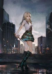 Rule 34 | 1girl, black footwear, black ribbon, blonde hair, boots, breasts, city, city lights, commentary, earrings, english commentary, final fantasy, final fantasy xv, frilled skirt, frills, green skirt, hair between eyes, holding, holding sword, holding weapon, jacket, jewelry, lips, long hair, looking at viewer, medium breasts, miniskirt, night, night sky, outdoors, purple eyes, reflection, ribbon, signature, skirt, sky, solo, standing, star (sky), starry sky, stella nox fleuret, sword, weapon, white jacket, white ribbon, yueko (jiayue wu)