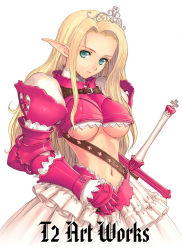 Rule 34 | 1girl, armor, armored dress, blonde hair, breasts, crop top, dress, elf, gauntlets, green eyes, lace, large breasts, long hair, midriff, navel, pointy ears, simple background, solo, sword, tiara, tony taka, underboob, weapon