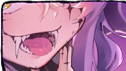 1girl commentary_request cross cross_facial_mark facial_mark fangs fuurinura hiiragi_utena magia_baiser mahou_shoujo_ni_akogarete open_mouth purple_hair sharp_teeth solo teeth tongue tongue_out thumbnail_collage yellow_eyes