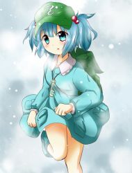 Rule 34 | 1girl, backpack, bag, blue eyes, blue hair, blush, boots, clothes lift, dress, hair bobbles, hair ornament, hat, kawashiro nitori, key, leg up, long sleeves, looking at viewer, matching hair/eyes, negu (pixiv 6519140), open mouth, pocket, rubber boots, shirt, short hair, short twintails, skirt, skirt lift, skirt set, snow, snowing, solo, touhou, twintails, two side up