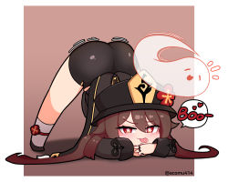 Rule 34 | 1girl, 1other, acomu414, asd, black shorts, blush, brown hair, chinese clothes, english text, genshin impact, ghost, hat, highres, hu tao (genshin impact), jack-o&#039; challenge, jiggle, long hair, looking at viewer, red eyes, shiny clothes, short shorts, shorts, smile, spread legs, symbol-shaped pupils, tongue, tongue out, top-down bottom-up, twintails, very long hair