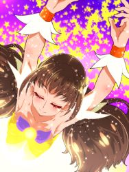 Rule 34 | 1girl, amanogawa kirara, armpits, arms up, bare shoulders, brown hair, cure twinkle, closed eyes, go! princess precure, long hair, magical girl, precure, smile, solo, star (symbol), tj-type1, transformation, twintails