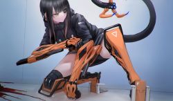 Rule 34 | 1girl, alternate hairstyle, black hair, blood, blood splatter, blunt bangs, cable, cable tail, cyberpunk, cyborg, earrings, eyepatch, high collar, hood, hood down, jewelry, long hair, looking at viewer, mechanical arms, mechanical legs, mechanical tail, mihato senba, orange eyes, original, prosthesis, science fiction, shorts, single mechanical arm, slit pupils, solo, squatting, sumi elias, tail, weapon
