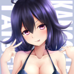 Rule 34 | 1girl, ahoge, blush, breasts, closed mouth, hair between eyes, hair flaps, highres, kantai collection, large breasts, long hair, looking at viewer, purple hair, red eyes, seiya (iiseven), smile, solo, taigei (kancolle)