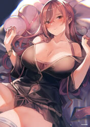 Rule 34 | azur lane, bare shoulders, blush, bracelet, breasts, bremerton (azur lane), bremerton (relaxation consultation) (azur lane), closed mouth, heart, heart-shaped pillow, jewelry, large breasts, long hair, looking at viewer, lying, mole, mole on breast, mole under eye, navel, navel piercing, off shoulder, official alternate costume, on back, piercing, pillow, pink eyes, pink hair, sea nami, skirt, smile, thighs