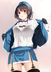 Rule 34 | 1girl, ascot, beret, black bra, black gloves, black hair, black thighhighs, blue hat, blush, bra, breasts, cleavage, cowboy shot, garter straps, gloves, gluteal fold, hair between eyes, hat, highres, jacket, kantai collection, large breasts, looking at viewer, military jacket, open mouth, red eyes, see-through, shirt, short hair, skirt, solo, sweat, takao (kancolle), thighhighs, underwear, undressing, white background, white shirt, zumomo