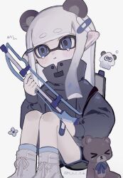 Rule 34 | 1girl, absurdres, bandaid, bandaid on head, bandaid on leg, black jacket, blue hair, closed mouth, commentary, gradient hair, gun, highres, holding, holding gun, holding weapon, inkling, inkling girl, inkling player character, jacket, long hair, m o c o 6, multicolored hair, nintendo, pointy ears, simple background, solo, splatoon (series), splatoon 3, squiffer (splatoon), stuffed animal, stuffed toy, symbol-only commentary, tears, teddy bear, tentacle hair, thick eyebrows, translation request, two-tone hair, weapon, white background, white hair