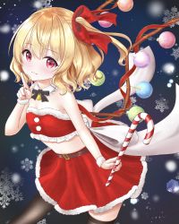 Rule 34 | 1girl, :3, alternate costume, back bow, bare shoulders, bell, belt, black neckwear, black ribbon, black thighhighs, blonde hair, blush, bow, brown belt, buckle, candy, candy cane, christmas, closed mouth, commentary request, detached collar, eyelashes, fang, fang out, flandre scarlet, food, frilled shirt collar, frills, fur-trimmed skirt, fur-trimmed tube top, fur trim, gradient background, hair ribbon, highres, index finger raised, jingle bell, looking at viewer, midriff, nail polish, nyanyanoruru, one side up, pom pom (clothes), red eyes, red nails, red ribbon, red skirt, ribbon, sash, short hair, side ponytail, skirt, snowflake background, snowing, solo, standing, stomach, strapless, thighhighs, touhou, tube top, white sash, wings, wrist cuffs