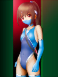 Rule 34 | 1girl, breasts, brown hair, choker, competition swimsuit, covered erect nipples, covered navel, elbow gloves, female focus, fishnets, gloves, half mask, highleg, highleg swimsuit, highres, long hair, mask, mouth mask, ninja, one-piece swimsuit, original, ponytail, red eyes, samejima makoto, samejima minoru, small breasts, solo, swimsuit, thighhighs