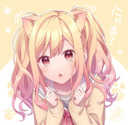 Rule 34 | 1girl, animal ears, blonde hair, cat ears, cat girl, hands up, hinata mizuiro, long sleeves, multicolored hair, open mouth, pink eyes, pink hair, project sekai, solo, tenma saki, twintails