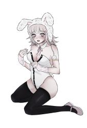 Rule 34 | 1girl, :o, absurdres, animal ears, animal hood, armlet, ban (6v6ioio), bare shoulders, black leotard, black thighhighs, breasts, brown hair, cleavage, collarbone, commentary request, detached collar, fake animal ears, full body, galaga, hair ornament, hand up, highres, hood, large breasts, leotard, medium hair, nanami chiaki, neck ribbon, official alternate costume, open mouth, pink footwear, pink ribbon, playboy bunny, rabbit hood, ribbon, simple background, sitting, teeth, thighhighs, two-tone leotard, upper teeth only, white background, white leotard