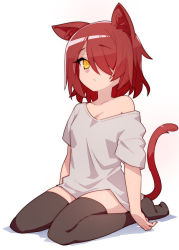 Rule 34 | animal ears, arms at sides, black thighhighs, breasts, cat ears, cat tail, cleavage, expressionless, full body, hair over one eye, no bra, no shoes, off shoulder, red hair, shirt, short hair, simple background, sitting, slit pupils, small breasts, stroma, t-shirt, tail, tail raised, thighhighs, wariza, white background, white shirt, yellow eyes, zettai ryouiki