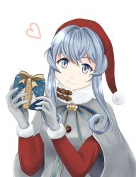 Rule 34 | 1girl, blue hair, box, coat, fur-trimmed sleeves, fur trim, gift, gift box, gloves, gotland (kancolle), grey coat, grey gloves, hair between eyes, hat, heart, highres, holding, holding gift, kantai collection, kuroneko86, long hair, long sleeves, looking at viewer, mole, mole under eye, santa hat, simple background, smile, solo, upper body, white background