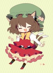 Rule 34 | 1girl, :d, ^ ^, animal ears, bad id, bad pixiv id, belt, bow, bowtie, brown hair, cat ears, cat girl, cat tail, chen, closed eyes, earrings, closed eyes, fang, female focus, flower, haru (kyou), hat, heart, jewelry, open mouth, short hair, single earring, skirt, skirt set, smile, solo, tail, touhou