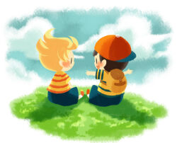 Rule 34 | 2boys, baseball cap, blonde hair, blue shorts, blush stickers, brown bag, cloud, full body, hat, hitofutarai, looking at another, lucas (mother 3), male focus, mother (game), mother 2, mother 3, multiple boys, ness (mother 2), nintendo, on grass, open mouth, orange footwear, outdoors, outstretched arms, red headwear, shirt, short sleeves, shorts, sideways hat, sitting, socks, solid oval eyes, spread arms, striped clothes, striped shirt, white socks