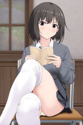 Rule 34 | 1girl, absurdres, black eyes, black hair, blurry, blurry background, blush, book, chair, closed mouth, commentary, crossed legs, depth of field, dress shirt, feet out of frame, grey skirt, grey sweater, hair between eyes, highres, holding, holding book, indoors, light frown, long sleeves, looking at viewer, migita (hirayuaki), miniskirt, open book, original, panties, pantyshot, pleated skirt, promotional art, reading, school chair, school uniform, shirt, short hair, sitting, skirt, solo, sweater, thighhighs, underwear, uniform, wainscoting, white panties, white shirt, white thighhighs, window, wooden floor, wrinkled fabric