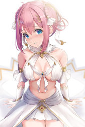 Rule 34 | 1girl, absurdres, bare shoulders, breasts, bridal gauntlets, collarbone, criss-cross halter, green eyes, hair ribbon, halterneck, highres, looking at viewer, midriff, navel, pink hair, princess connect!, rama (yu-light8), ribbon, simple background, sitting, skirt, solo, white background, yui (ceremonial) (princess connect!), yui (princess connect!)