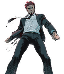 Rule 34 | 1boy, 2bro., bad id, bad pixiv id, beard, black pants, black suit, clenched hand, facial hair, formal, from below, looking down, male focus, necktie, otoja, pants, red hair, shirt, solo, stubble, suit, torn clothes, white background, white shirt, zangiri-head