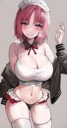 Rule 34 | 1girl, blue eyes, breasts, cigarette, cleavage, commentary request, detached collar, grey background, hand up, heart, heart-shaped pupils, highres, hisui (tsukihime), holding, holding cigarette, large breasts, looking at viewer, maid, maid headdress, melty blood, mole, mole under eye, pink hair, short hair, simple background, smile, smoke, solo, suou-sensei, symbol-shaped pupils, thighhighs, thighs, tsukihime, white thighhighs