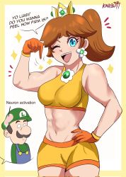Rule 34 | 1boy, 1girl, abs, alternate hairstyle, blue eyes, breasts, brown hair, english text, facial hair, flexing, hat, highres, karbuitt, legs, looking at viewer, luigi, mario (series), medium breasts, meme, midriff, muscular, muscular female, mustache, navel, nintendo, one eye closed, open mouth, ponytail, princess, princess daisy, shorts, smile, super mario bros. 1, super mario land, thick thighs, thighs, wink