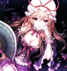 Rule 34 | 1girl, an2a, blonde hair, breasts, cleavage, embellished costume, hand fan, female focus, frills, gloves, hat, highres, lace, long hair, red eyes, ribbon, scan, smile, solo, touhou, yakumo yukari