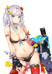 Rule 34 | 1girl, absurdres, bare shoulders, blue eyes, blush, breasts, choker, cleavage, closed mouth, collarbone, cowboy shot, gluteal fold, hair between eyes, hair ornament, hairclip, highres, jacket, jewelry, kaguya luna, kiriko (araragikoyomi), large breasts, looking at viewer, nail polish, navel, off shoulder, panties, purple nails, red thighhighs, ring, shiny skin, sidelocks, silver hair, simple background, single thighhigh, skindentation, smile, solo, stomach, swimsuit, the moon studio, thigh strap, thighhighs, twintails, underwear, virtual youtuber, white background, yellow nails