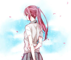 Rule 34 | 10s, 1girl, free!, long hair, looking at viewer, matsuoka gou, ponytail, red hair, skirt, solo, sweater