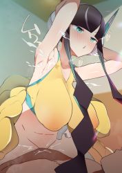 Rule 34 | 1boy, 1girl, armpits, arms behind head, bare shoulders, black hair, blunt bangs, blush, bottomless, breasts, covered erect nipples, cowgirl position, creatures (company), elesa (pokemon), furau, game freak, gym leader, headphones, hetero, highres, large breasts, long hair, lying, navel, nintendo, on back, open mouth, pokemon, pokemon bw2, pussy juice, sex, straddling, sweat