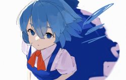 Rule 34 | 1girl, blue dress, blue eyes, blue hair, blue wings, breasts, cirno, collared shirt, commentary request, dress, fairy wings, from above, hair between eyes, ice, ice wings, kerchief, looking at viewer, pikumin, red neckwear, shirt, short hair, short sleeves, simple background, small breasts, solo, touhou, white background, white shirt, wing collar, wings