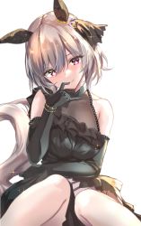 Rule 34 | 1girl, absurdres, animal ears, black gloves, cleavage, curren chan (sakutsuki ma cherie) (umamusume), curren chan (umamusume), dress, ear covers, elbow gloves, gloves, grey hair, highres, horse ears, horse girl, horse tail, jewelry, official alternate costume, purple eyes, see-through, see-through cleavage, short hair, smile, solo, tail, umamusume, uu-tan (hushigi10), white background