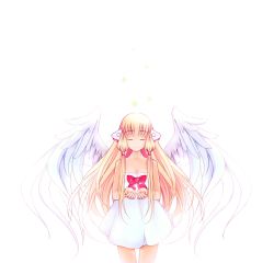 Rule 34 | 00s, 1girl, bare shoulders, blonde hair, bow, chii, chobits, cowboy shot, dress, closed eyes, feathered wings, hair tubes, long hair, red bow, robot ears, short dress, solo, strapless, strapless dress, white background, wings, yoruel