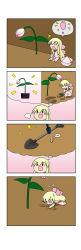 Rule 34 | ..., 1girl, 4koma, puff of air, ^^^, absurdres, against wall, blonde hair, capelet, chibi, comic, day, digging, dress, fairy wings, flower, flying sweatdrops, unworn headwear, highres, idea, kneeling, lily white, long hair, mini person, minigirl, o o, outdoors, plant, potted plant, rakugaki-biyori, shovel, silent comic, sitting, solid oval eyes, solo, spoken ellipsis, standing, sweat, thought bubble, touhou, very long hair, white dress, wings