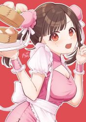 Rule 34 | 1girl, apron, bamboo steamer, border, breasts, brown hair, bun cover, china dress, chinese clothes, cleavage, cleavage cutout, clothing cutout, double bun, dress, food, frilled apron, frilled wristband, frills, fruit, hair bun, hands up, highres, holding, holding plate, idolmaster, idolmaster shiny colors, looking at viewer, medium breasts, mitora nao, open mouth, parted bangs, peach, pink dress, pink wristband, plate, puffy short sleeves, puffy sleeves, red background, red eyes, short sleeves, simple background, solo, sonoda chiyoko, surprised, sweat, twintails, upper body, v-shaped eyebrows, wavy mouth, white apron, white border
