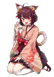 Rule 34 | 1girl, absurdres, ahoge, animal ears, bell, blush, bow, brown footwear, brown hair, brown skirt, cat ears, cat girl, choker, commentary request, dorymin, fang, flat chest, frilled choker, frilled sleeves, frills, full body, hair bell, hair ornament, hair ribbon, highres, holding, holding mahjong tile, ichihime, japanese clothes, jingle bell, kimono, long sleeves, looking at viewer, mahjong, mahjong soul, mahjong tile, medium bangs, obi, open mouth, pink kimono, red bow, red choker, red eyes, red ribbon, red sash, ribbon, sandals, sash, seiza, short hair, simple background, sitting, skirt, smile, socks, solo, waist bow, white background, white socks, wide sleeves, zouri