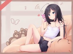 Rule 34 | 1girl, ahoge, barefoot, black hair, blue eyes, camisole, cellphone, expressionless, flat chest, full body, highres, knee up, legs, crossed legs, long hair, midriff, musical note, original, phone, pillow, setmen, short shorts, shorts, sitting, smartphone, solo, strap slip, stuffed animal, stuffed toy, teddy bear, thighs, white camisole, wifi symbol
