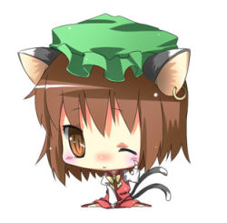 Rule 34 | 1girl, animal ears, bad id, bad pixiv id, brown hair, cat ears, cat girl, cat tail, chen, chibi, earrings, female focus, full body, hat, jewelry, lowres, one eye closed, ribbon, short hair, simple background, solo, subachi, tail, touhou, white background, wink