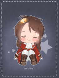 Rule 34 | 1girl, ascot, bad id, bad pixiv id, blush, boots, brown footwear, brown hair, character name, chibi, closed eyes, closed mouth, facing viewer, foreign blue, girls&#039; frontline, gloves, hair ornament, jacket, knee boots, lee-enfield (girls&#039; frontline), long hair, long sleeves, military jacket, pants, red jacket, sitting, smile, solo, star (symbol), white ascot, white gloves, white pants