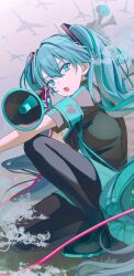 Rule 34 | 1girl, absurdres, aircraft, airplane, aqua eyes, aqua hair, aqua necktie, aqua skirt, black footwear, black shirt, boots, commentary, from side, hair between eyes, hair ornament, hatsune miku, highres, holding, holding megaphone, koi wa sensou (vocaloid), liso, long hair, looking at viewer, looking to the side, megaphone, military vehicle, necktie, open mouth, outdoors, pleated skirt, serious, shirt, short sleeves, skirt, solo, squatting, thigh boots, twintails, very long hair, vocaloid