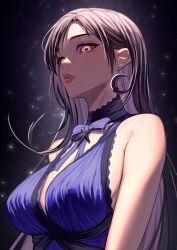 Rule 34 | 1girl, bare shoulders, black hair, blue dress, blush, bow, breasts, brown hair, cleavage, crescent, crescent earrings, dress, earrings, final fantasy, final fantasy vii, final fantasy vii remake, highres, jewelry, large breasts, long hair, looking at viewer, official alternate costume, purple dress, red eyes, sleeveless, sleeveless dress, smile, solo, temoc, tifa lockhart, tifa lockhart (refined dress), upper body, wall market