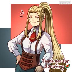 Rule 34 | 1girl, ascot, blonde hair, closed mouth, fire emblem, fire emblem engage, gzei, hair slicked back, high ponytail, highres, jade (fire emblem), leather, long sleeves, nintendo, red ascot, thank you, upper body, white hair, yellow eyes