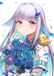 Rule 34 | 1girl, :d, absurdres, armband, blue flower, blue hair, blue necktie, blue rose, blunt bangs, blush, bouquet, colored inner hair, fingernails, flower, grey hair, hair flaps, hand up, highres, holding, holding bouquet, holding flower, jacket, lize helesta, long sleeves, looking at viewer, multicolored hair, necktie, nijisanji, open mouth, petals, purple eyes, purple flower, purple rose, rose, sebastian piyodore, simple background, smile, solo, taiga (ryukyu-6102-8), virtual youtuber, white background, white jacket