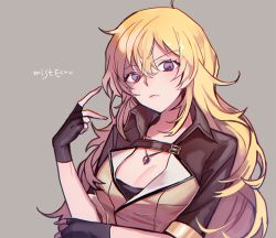 Rule 34 | 1girl, ahoge, alternate costume, bad id, bad twitter id, blonde hair, breasts, cleavage, ecru, fingerless gloves, gloves, jewelry, looking at another, messy hair, necklace, purple eyes, rwby, solo, yang xiao long