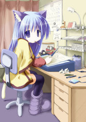 Rule 34 | animal ears, blue eyes, blue hair, boots, cat ears, cat tail, desk, drawing, food, long hair, mouth hold, original, pocky, room, sakanaya nakasa, sketch, solo, tail, thighhighs