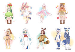 Rule 34 | 1boy, 6+girls, animal ears, blue footwear, blue gloves, blue hat, boots, bow, brown eyes, brown footwear, brown hair, cat tail, creatures (company), deerling, deerling (winter), dress, flower hat, forehead jewel, frillish, froslass, game freak, gen 2 pokemon, gen 4 pokemon, gen 5 pokemon, gen 6 pokemon, gloves, gunuko, hair bow, hairband, hat, highres, japanese clothes, kimono, kneehighs, leaf, lilligant, lopunny, meowstic, meowstic (female), meowstic (male), midriff, mittens, multiple girls, nintendo, open mouth, personification, pink footwear, pink gloves, pink hair, pokemon, raccoon tail, red eyes, ribbon, scrunchie, see-through, sentret, shoes, skirt, sneakers, socks, sweater, sylveon, tail, tan, underwear, white footwear, white hair, white legwear, wrist scrunchie