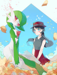 Rule 34 | 2girls, arched back, bare shoulders, black hair, black shirt, blue background, blue eyes, blush, bob cut, breasts, chikichi, closed mouth, collared shirt, colored skin, creatures (company), female focus, flat chest, flower, game freak, gardevoir, gen 3 pokemon, green hair, green skin, hair over one eye, happy, hat, highres, long hair, looking at viewer, looking to the side, multicolored skin, multiple girls, nintendo, open mouth, orange flower, own hands together, petals, pleated skirt, pokemon, pokemon (creature), pokemon xy, porkpie hat, red headwear, red skirt, serena (pokemon), shirt, shirt tucked in, short hair, skirt, sleeveless, sleeveless shirt, small breasts, smile, standing, star (symbol), swept bangs, two-tone skin, v arms, white skin
