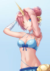 Rule 34 | 1girl, arms up, blue eyes, breasts, cleavage, collarbone, fate/grand order, fate (series), frankenstein&#039;s monster (fate), frankenstein&#039;s monster (swimsuit saber) (second ascension) (fate), hair bun, heterochromia, highres, horns, medium breasts, miuka, navel, parted lips, pink hair, short hair, single horn, solo, standing, upper body, yellow eyes